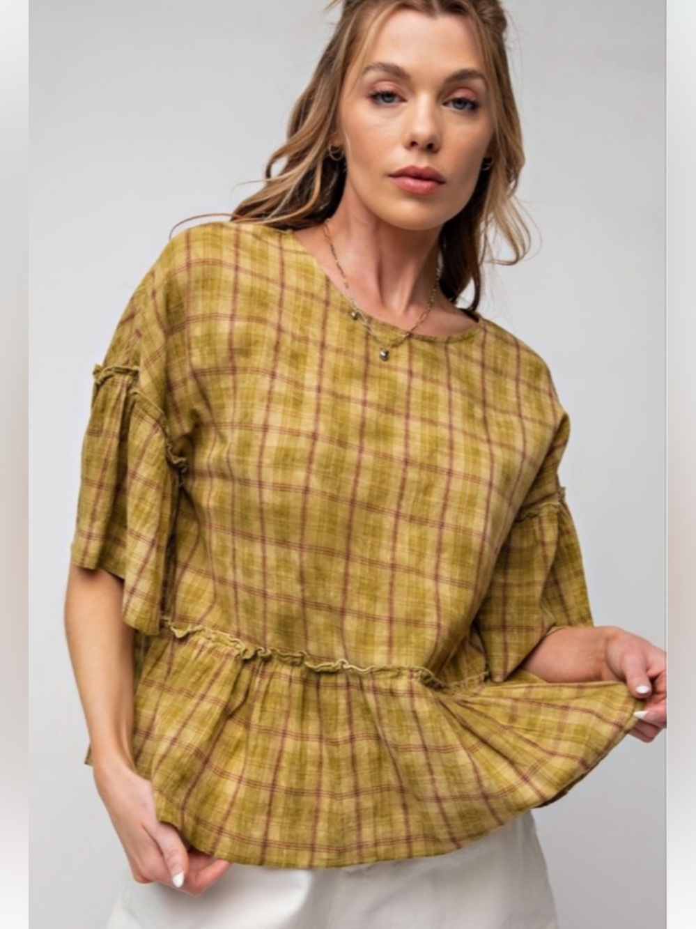 431 NEW Small - 3X  🦋 EASEL OVERDYE WASHED PLAID RUFFLE BOTTOM TOP